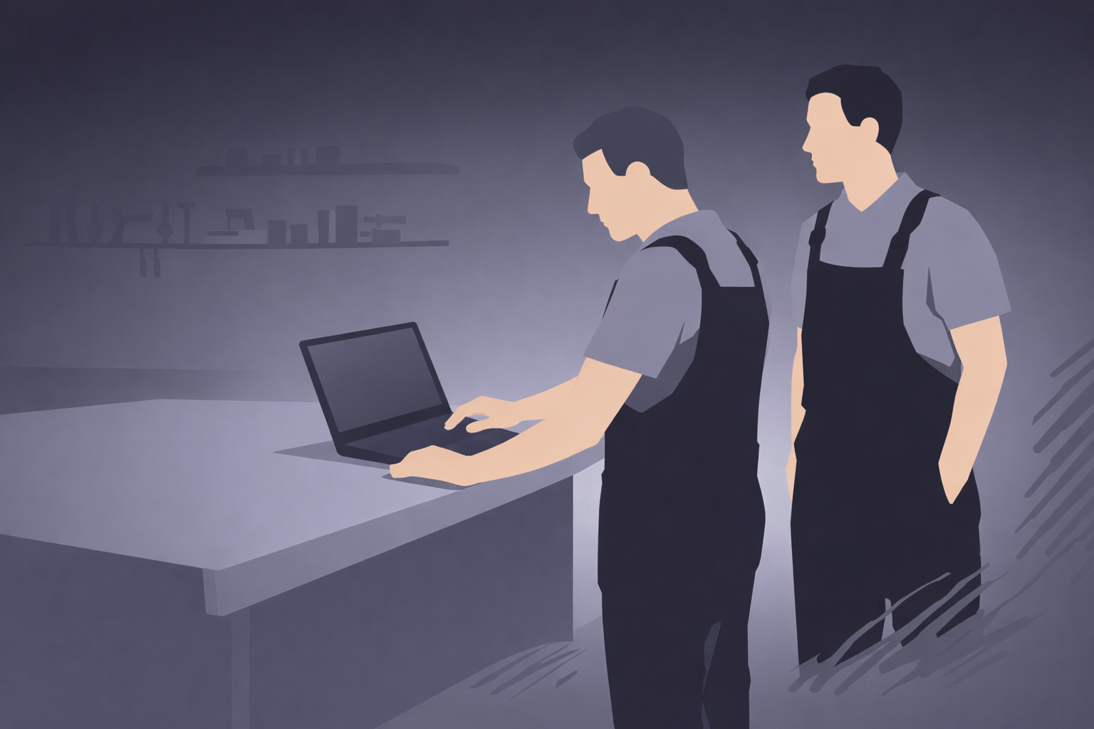 Two mechanics reviewing the workflow board together on a laptop