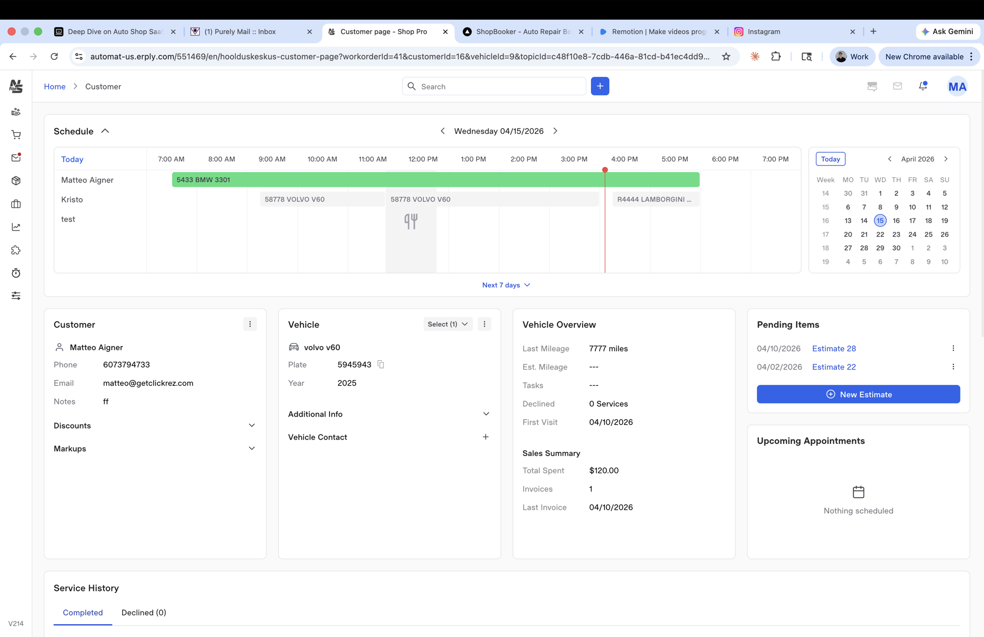 Customer record — schedule, vehicle, service history on one page