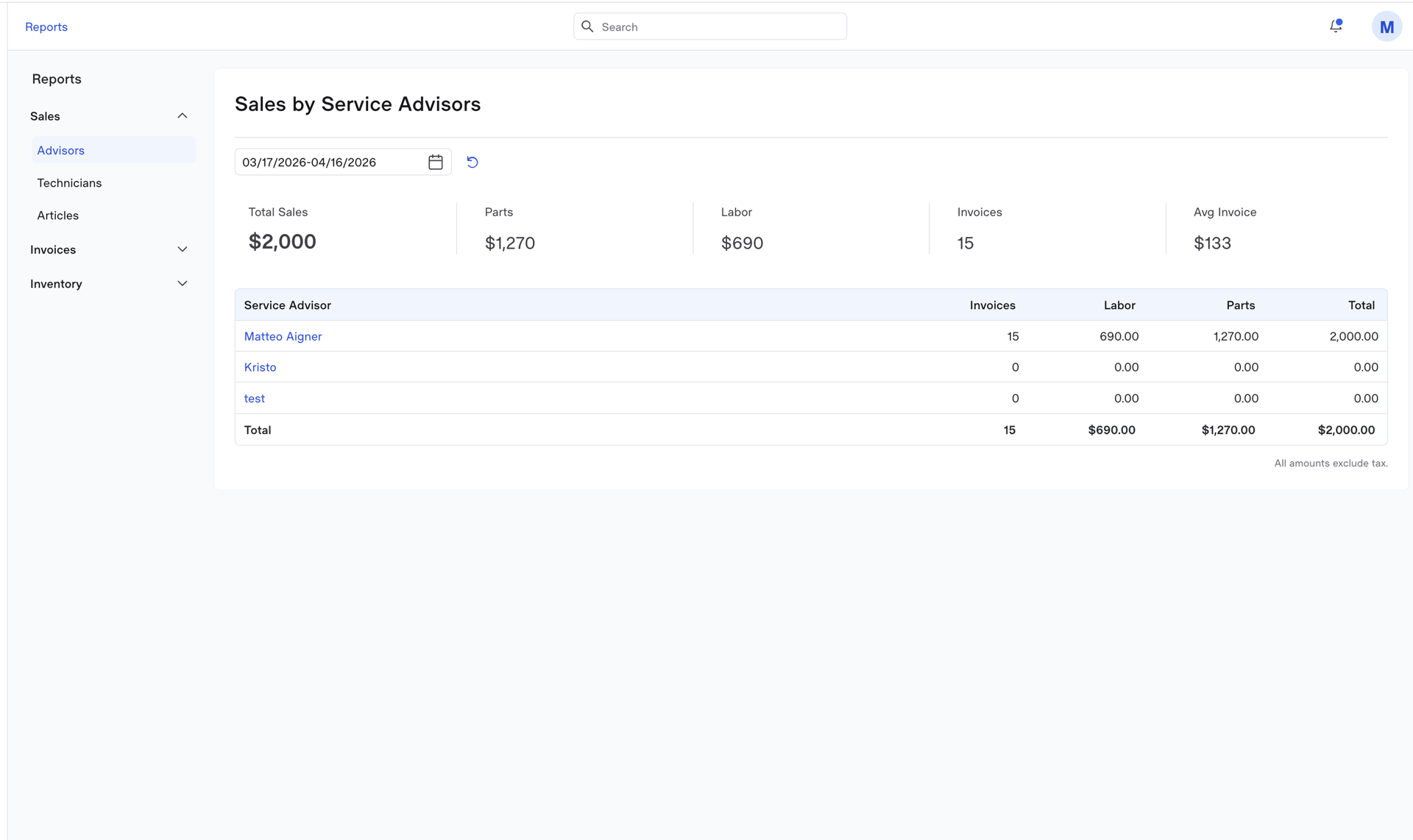 Reports — sales by service advisor, labor, parts, invoice totals