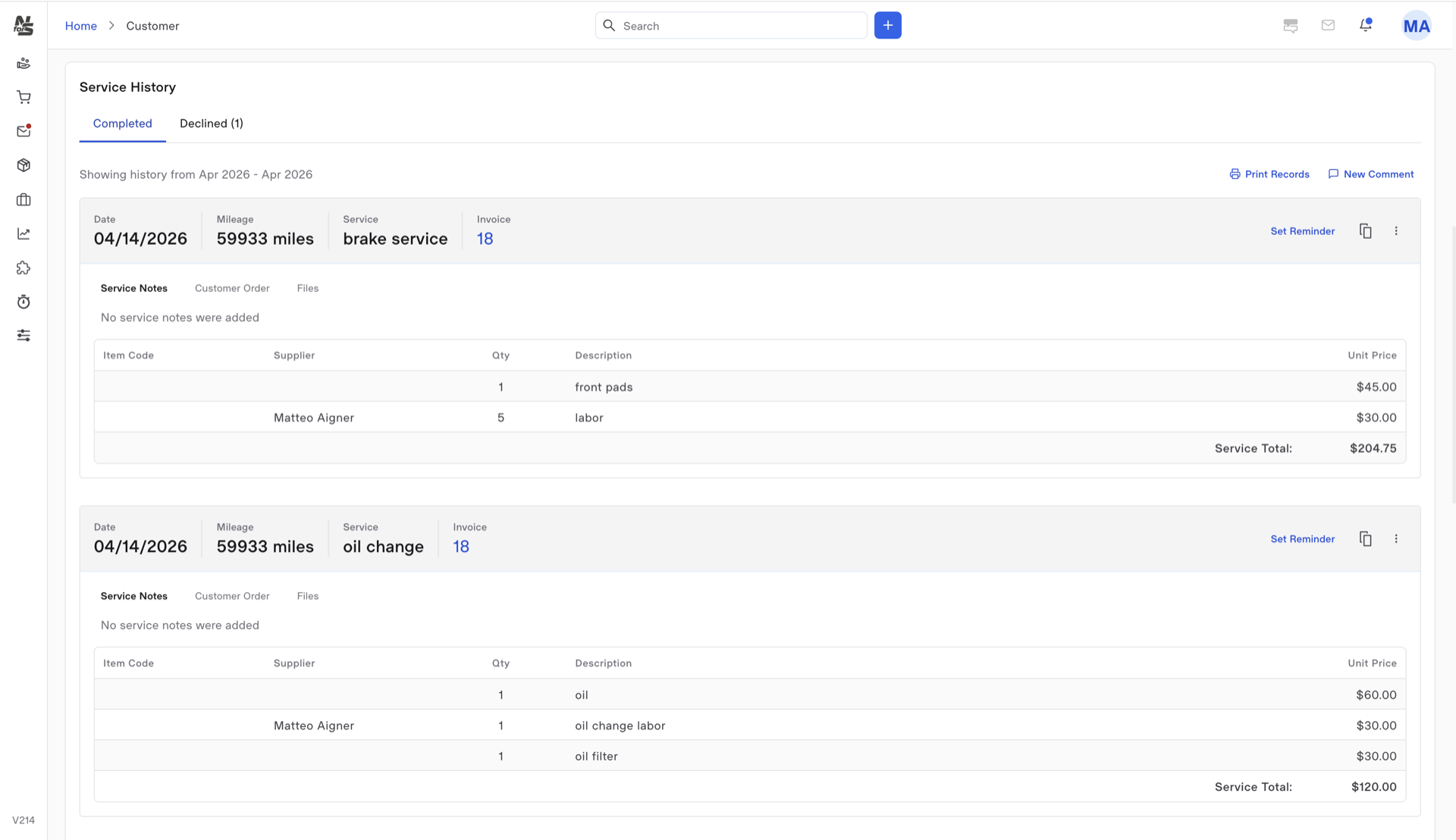 Service history — completed invoices stacked per vehicle