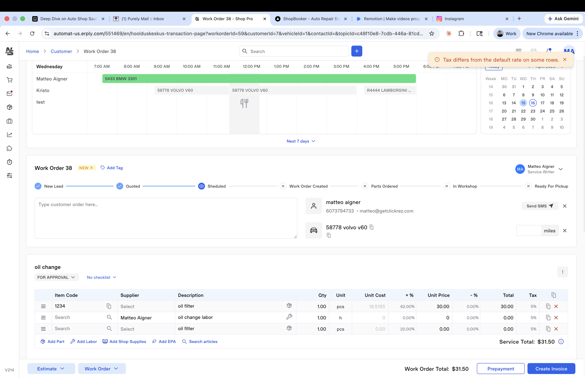 Work order / estimate with line items, approvals, and signature capture