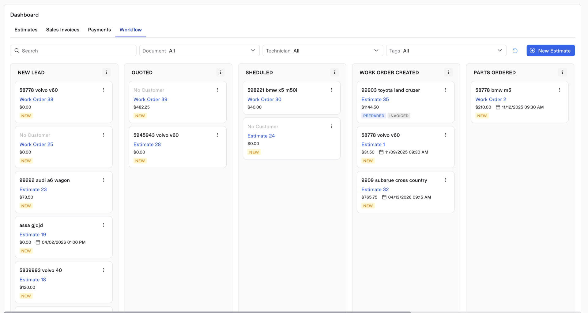 Kanban workflow — New Lead, Quoted, Scheduled, Work Order Created, Parts Ordered