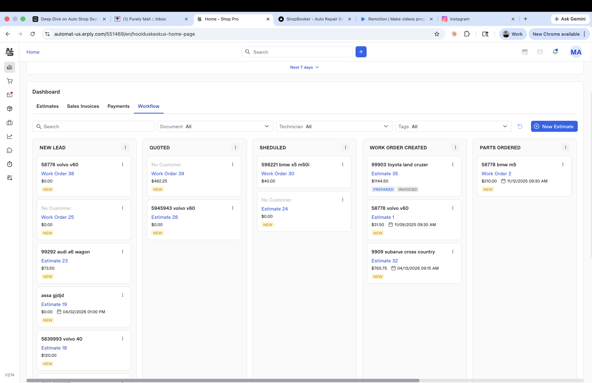 The Need for Service workflow board — New Lead, Quoted, Scheduled, Work Order Created, Parts Ordered