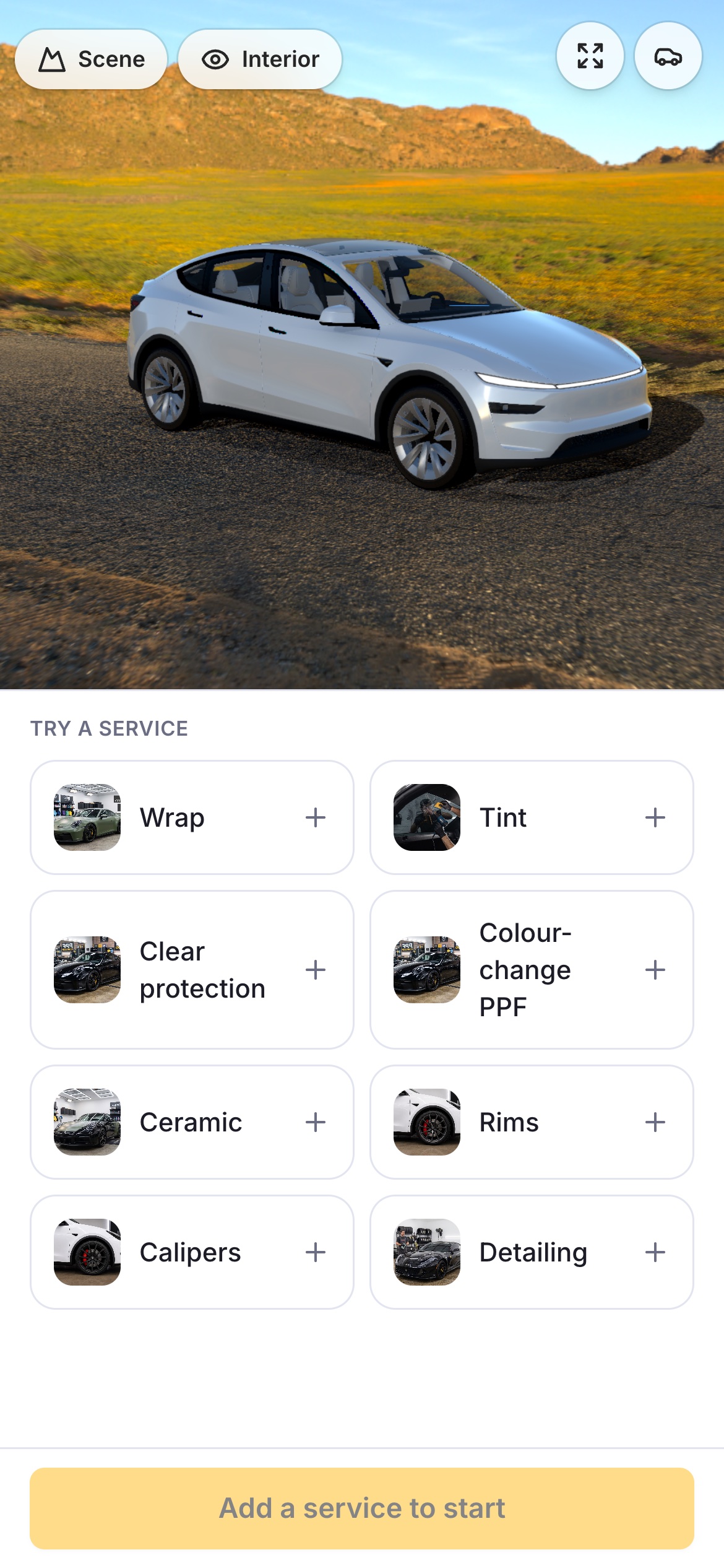 Booking builder with a bright, light theme — the car on a desert road backdrop