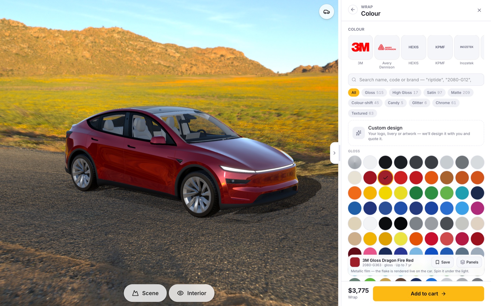 A finished build in the 3D configurator — a Model Y wrapped in gloss red on a desert road, with the wrap film picker, price and Add to cart