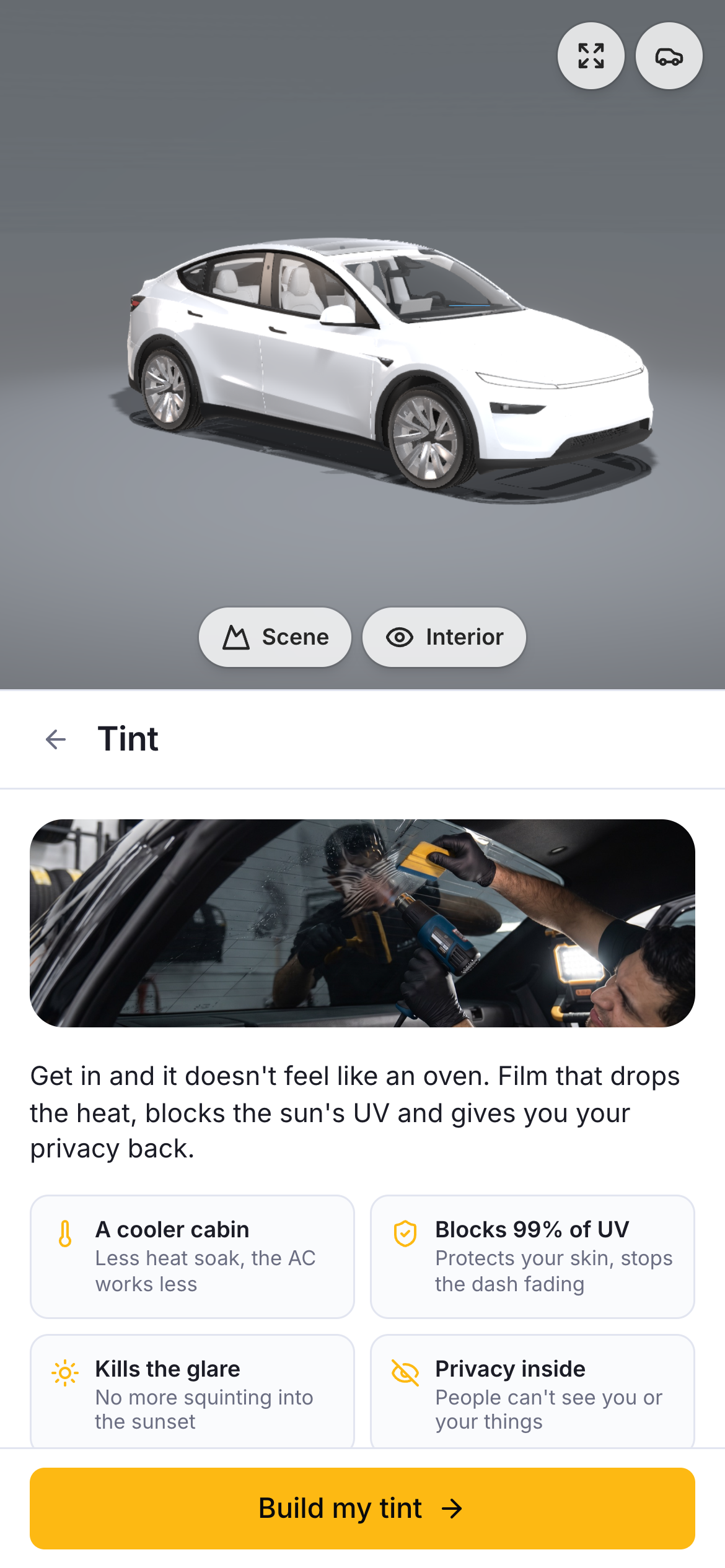 Tint service screen — cooler cabin, blocks UV, kills glare, privacy, and a Build my tint button