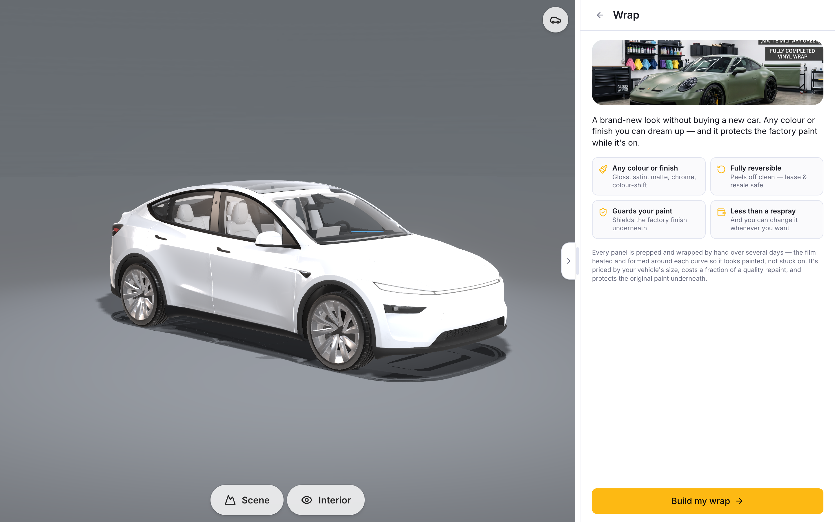 The 3D builder with the Wrap service open — the car in 3D beside wrap benefits and a Build my wrap button