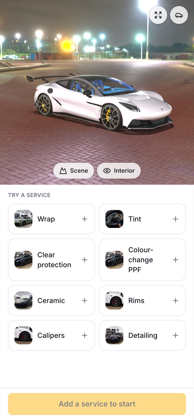The booking widget on a phone — a sports car at night with the service menu and an Add a service to start button