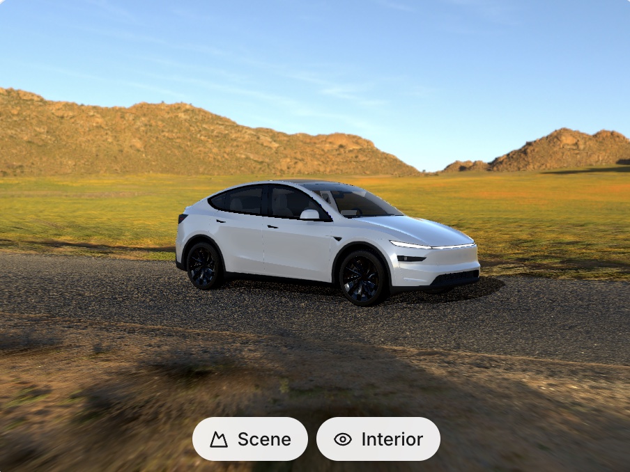 Inside the quote: the customer's build on a 3D car in the live desert scene, with Scene and Interior controls