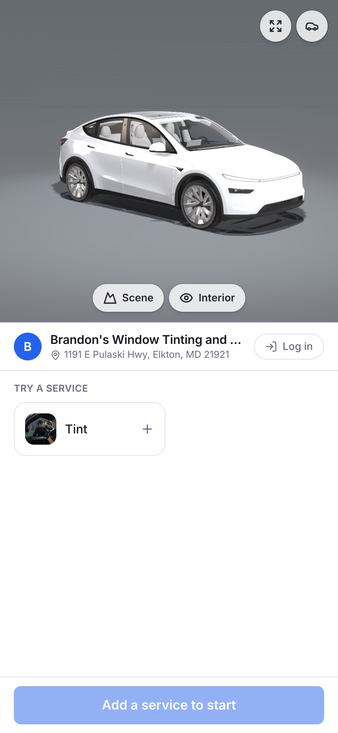 Booking builder themed in blue with the shop's own logo and address