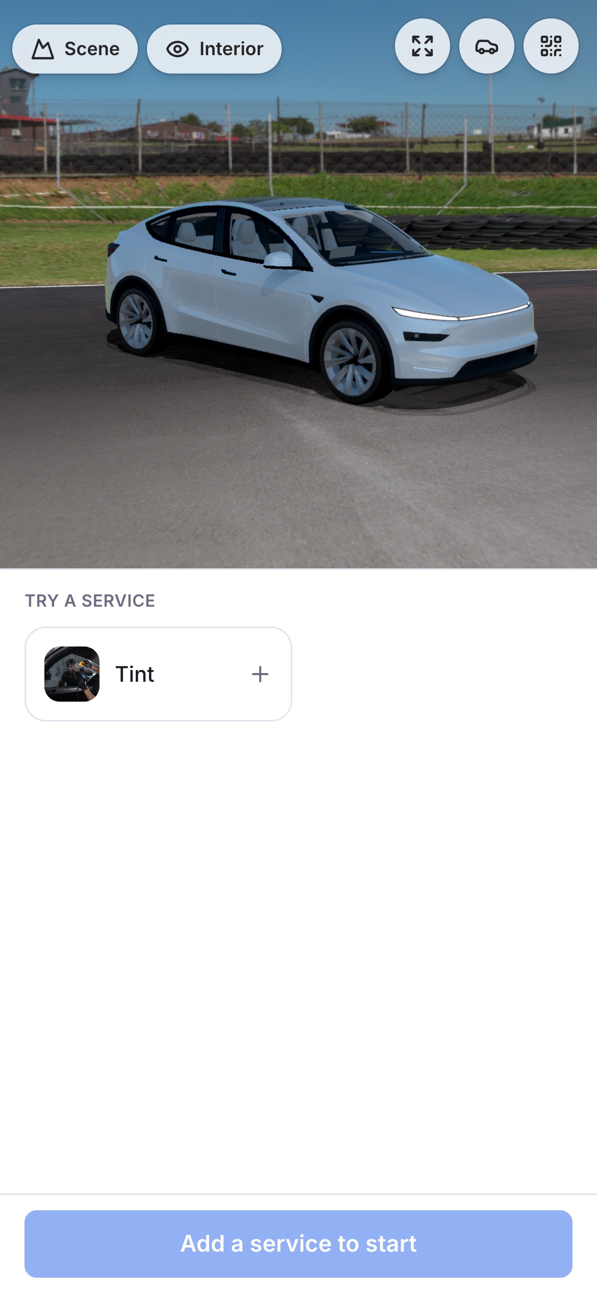 Booking builder themed in blue — the car on a race track backdrop