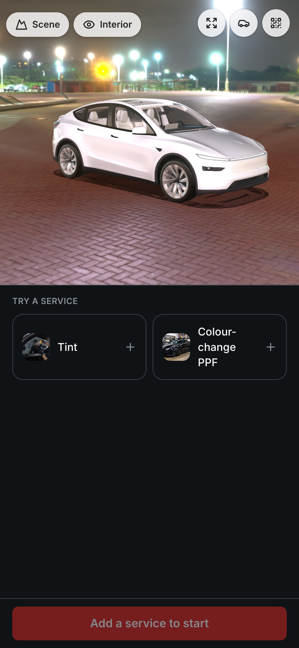 Booking builder in a blacked-out dark theme with a red accent — the car in a night scene